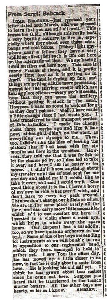 Letter, Paisley Advocate May 3, 1916